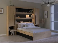 Vente-unique Lit pont 160 x 200 cm avec rangements - Avec LEDs - Coloris : Naturel et noir + Sommier + Matelas - VARLY Discount