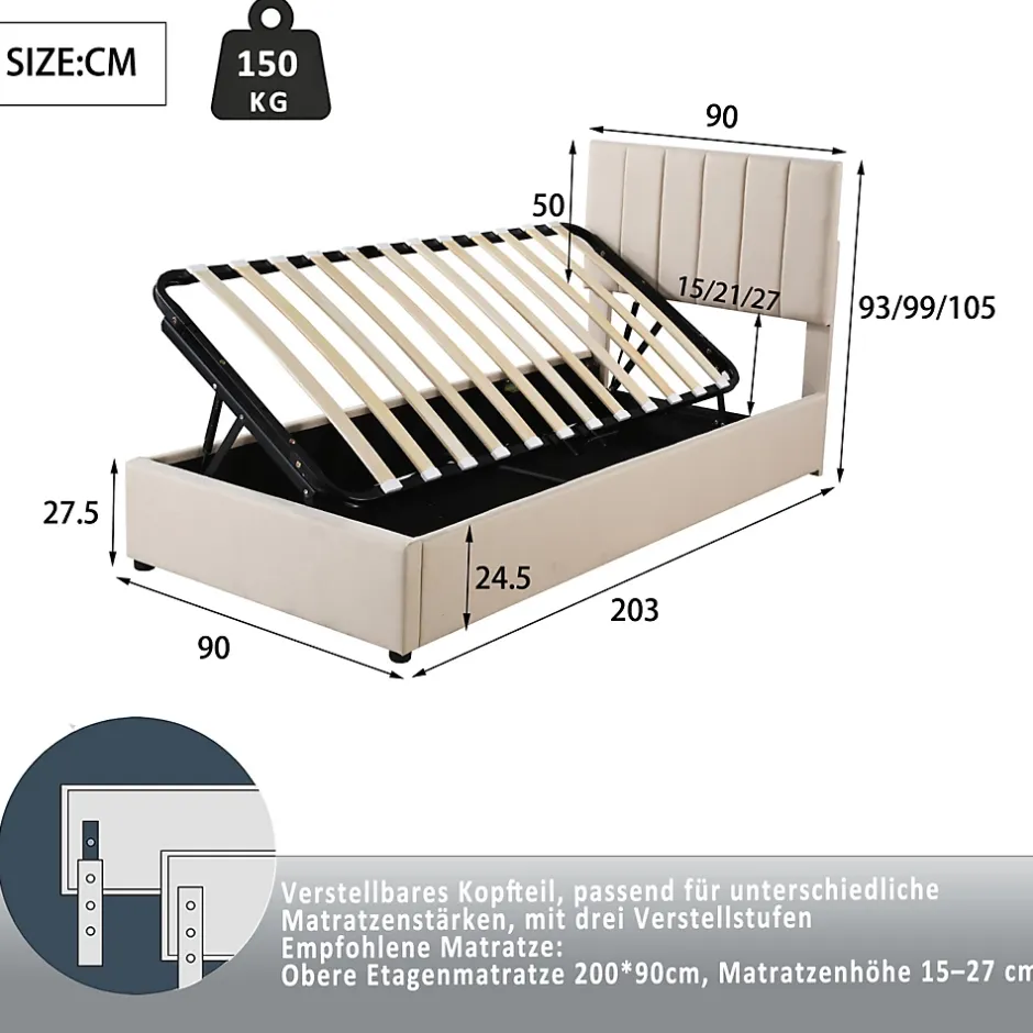 Fortuna lai Lit Pour Enfant Rembourré, 90 X 200 Cm, Coffre De Rangement Hydraulique, En Lin, Beige New