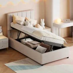 Fortuna lai Lit Pour Enfant Rembourré, 90 X 200 Cm, Coffre De Rangement Hydraulique, En Lin, Beige New