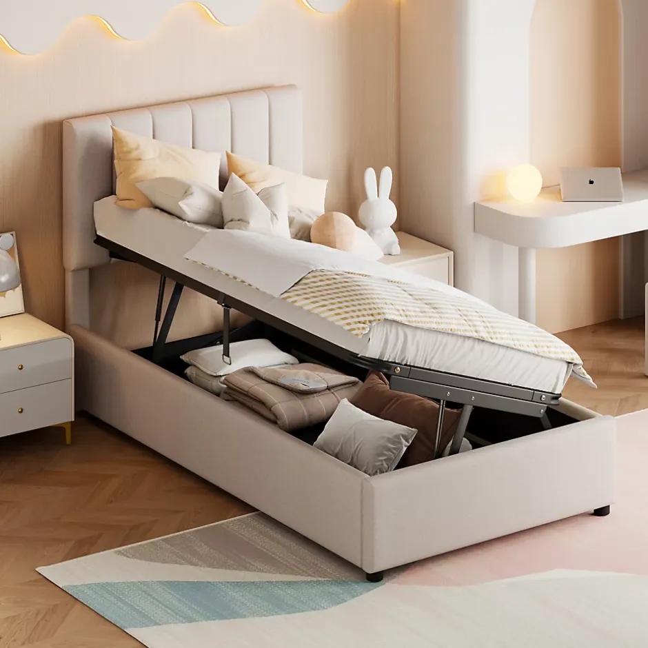Fortuna lai Lit Pour Enfant Rembourré, 90 X 200 Cm, Coffre De Rangement Hydraulique, En Lin, Beige New