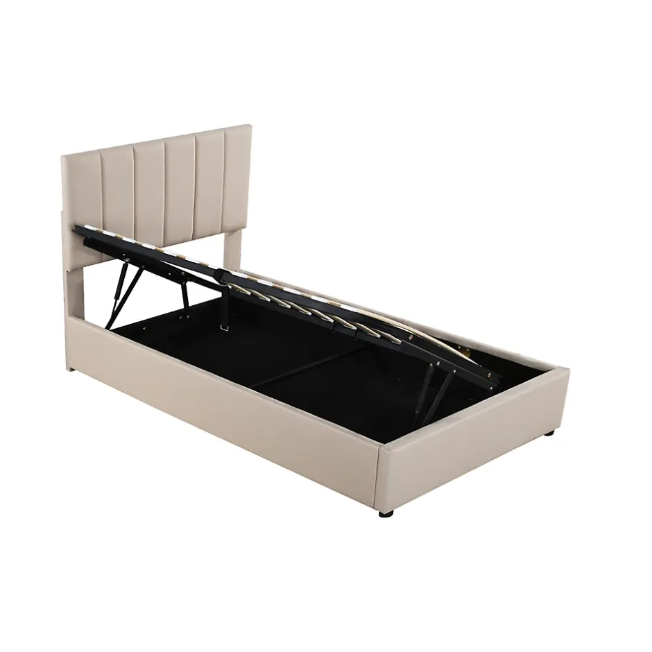 Fortuna lai Lit Pour Enfant Rembourré, 90 X 200 Cm, Coffre De Rangement Hydraulique, En Lin, Beige New