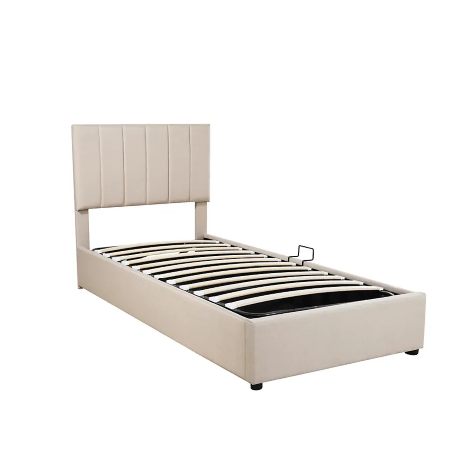 Fortuna lai Lit Pour Enfant Rembourré, 90 X 200 Cm, Coffre De Rangement Hydraulique, En Lin, Beige New