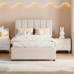 Fortuna lai Lit Pour Enfant Rembourré, 90 X 200 Cm, Coffre De Rangement Hydraulique, En Lin, Beige New