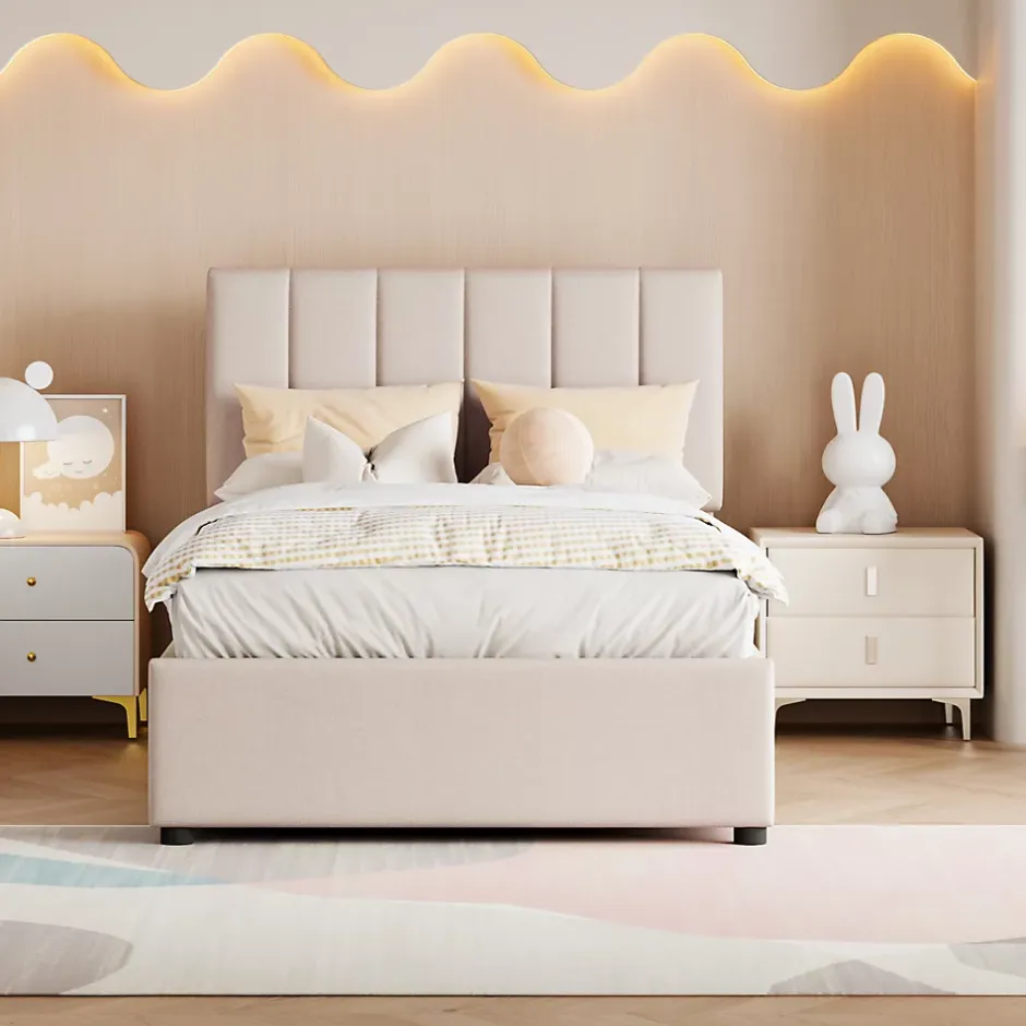 Fortuna lai Lit Pour Enfant Rembourré, 90 X 200 Cm, Coffre De Rangement Hydraulique, En Lin, Beige New