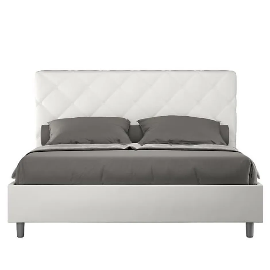 Ityhome Lit Priya en simili cuir blanc avec sommier tapissé 160x210