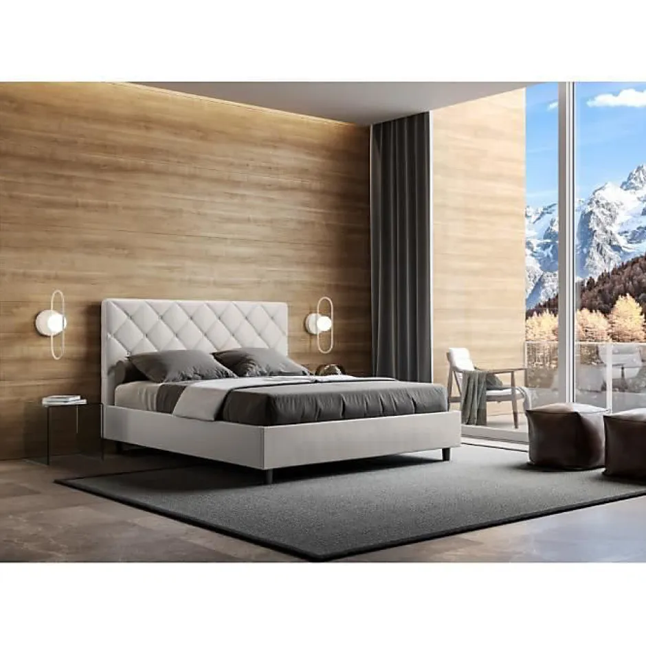 Ityhome Lit Priya en simili cuir blanc avec sommier tapissé 160x210