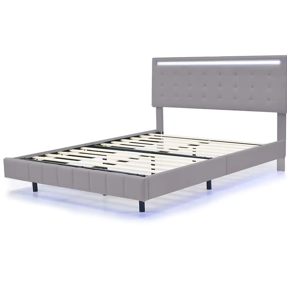 Redom Lit rembourré 140 par 200 cm avec cadre flottant LED et tête de lit moderne en lin doux gris pour chambre élégante Clearance