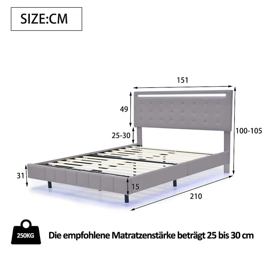 Redom Lit rembourré 140 par 200 cm avec cadre flottant LED et tête de lit moderne en lin doux gris pour chambre élégante Clearance