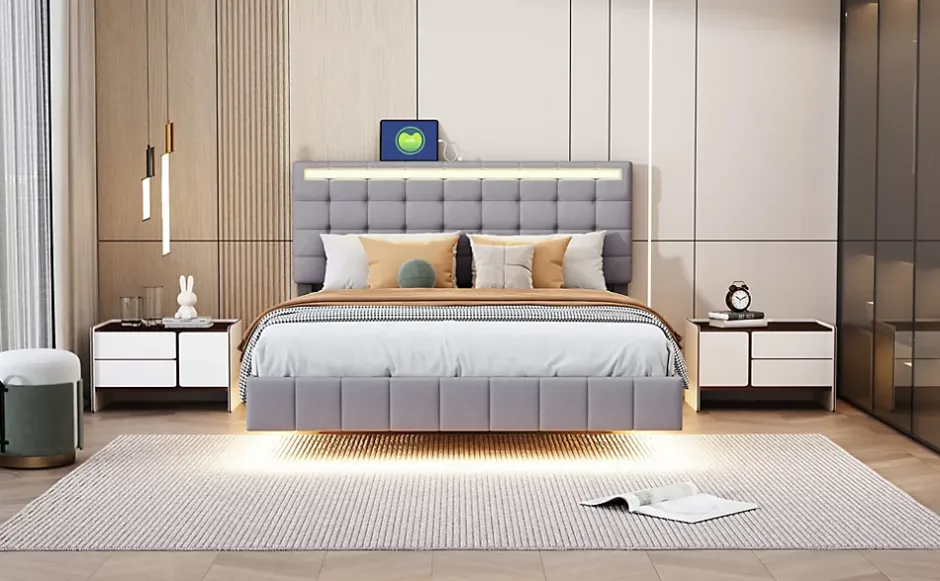 Redom Lit rembourré 140 par 200 cm avec cadre flottant LED et tête de lit moderne en lin doux gris pour chambre élégante Clearance