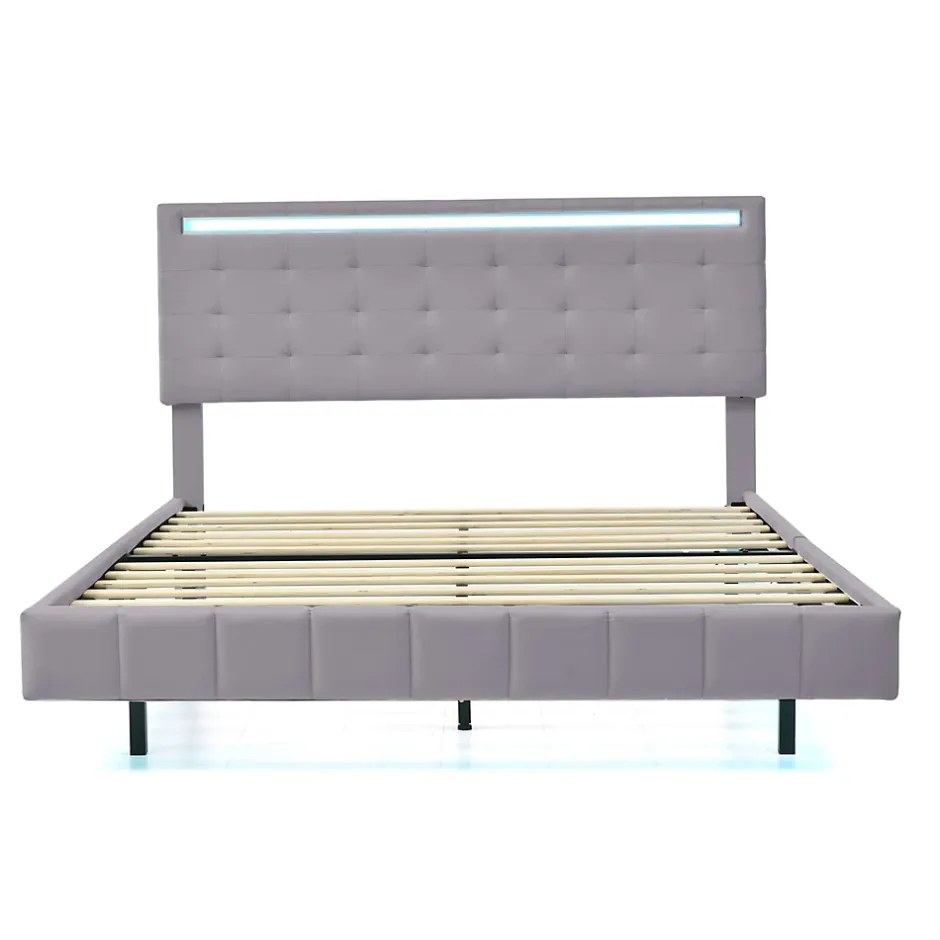 Redom Lit rembourré 140 par 200 cm avec cadre flottant LED et tête de lit moderne en lin doux gris pour chambre élégante Clearance
