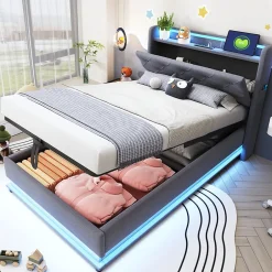 Redom Lit rembourré 90 par 200 cm avec LED multicolores prise USB tête relevable rangement hydraulique poches latérales tissu gris