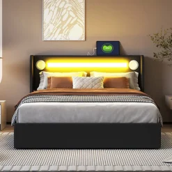 Redom Lit rembourré 140 sur 200 avec éclairage LED lecteur Bluetooth port USB rangement en cuir PU sommier inclus noir élégant Discount