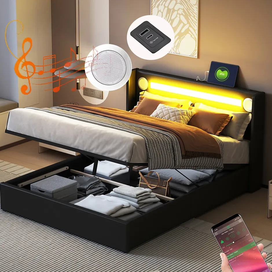 Redom Lit rembourré 140 sur 200 avec éclairage LED lecteur Bluetooth port USB rangement en cuir PU sommier inclus noir élégant Discount