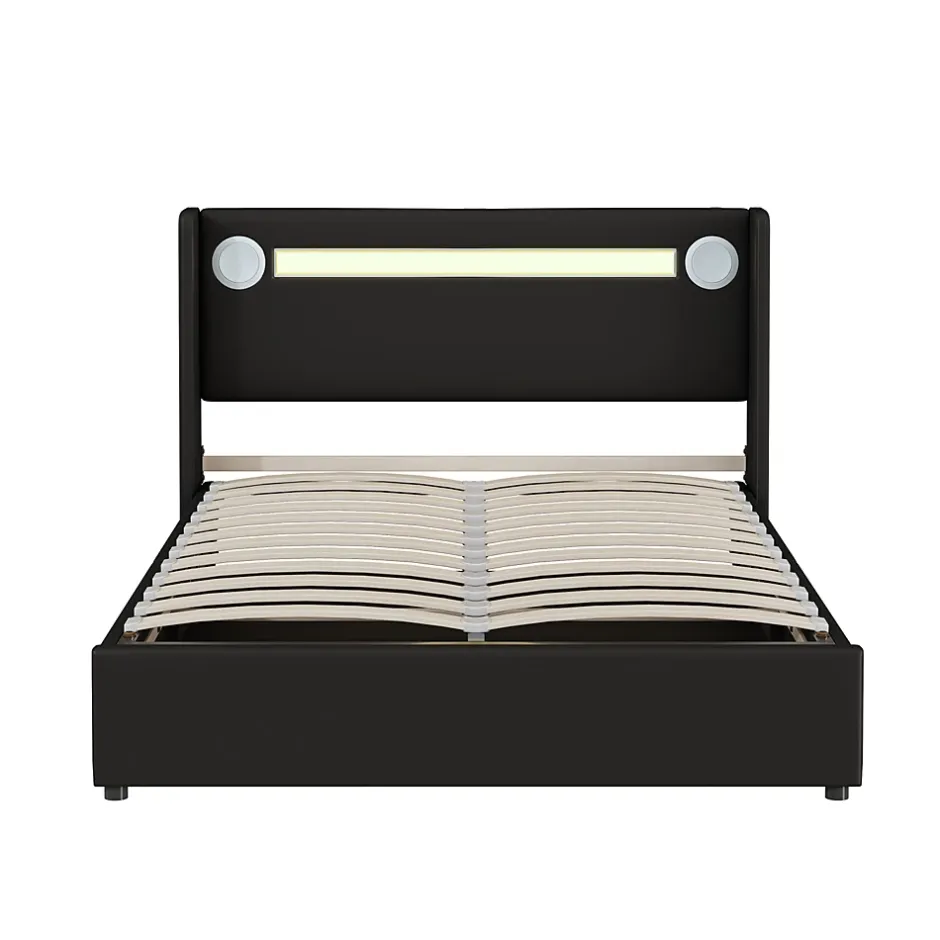 Redom Lit rembourré 140 sur 200 avec éclairage LED lecteur Bluetooth port USB rangement en cuir PU sommier inclus noir élégant Discount