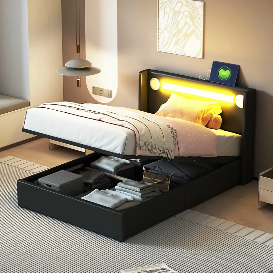 Redom Lit rembourré 90 sur 200 avec éclairage LED lecteur Bluetooth port USB rangement en cuir PU sommier inclus pour chambre jeune New