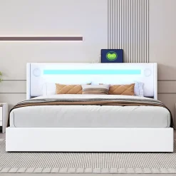 Redom Lit rembourré 160 sur 200 avec éclairage LED lecteur Bluetooth port USB rangement en cuir PU sommier inclus blanc moderne Best