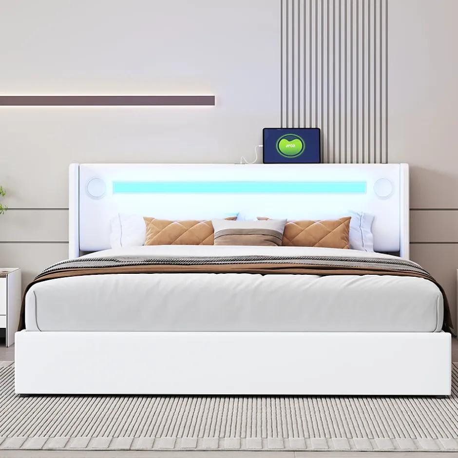 Redom Lit rembourré 160 sur 200 avec éclairage LED lecteur Bluetooth port USB rangement en cuir PU sommier inclus blanc moderne Best