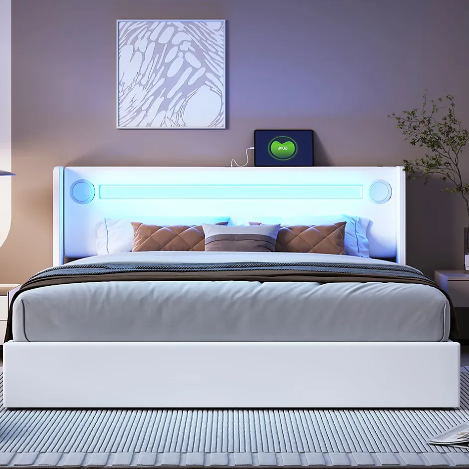 Redom Lit rembourré 160 sur 200 avec éclairage LED lecteur Bluetooth port USB rangement en cuir PU sommier inclus blanc moderne Best