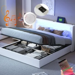 Redom Lit rembourré 160 sur 200 avec éclairage LED lecteur Bluetooth port USB rangement en cuir PU sommier inclus blanc moderne Best