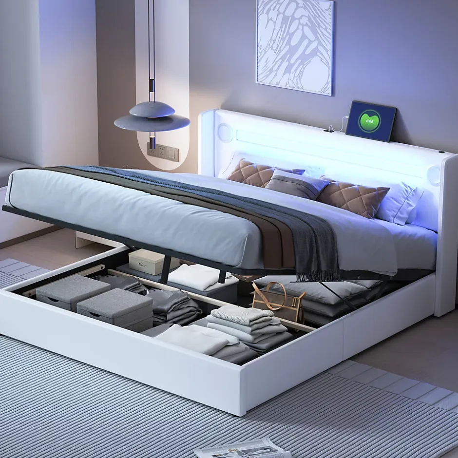 Redom Lit rembourré 160 sur 200 avec éclairage LED lecteur Bluetooth port USB rangement en cuir PU sommier inclus blanc moderne Best