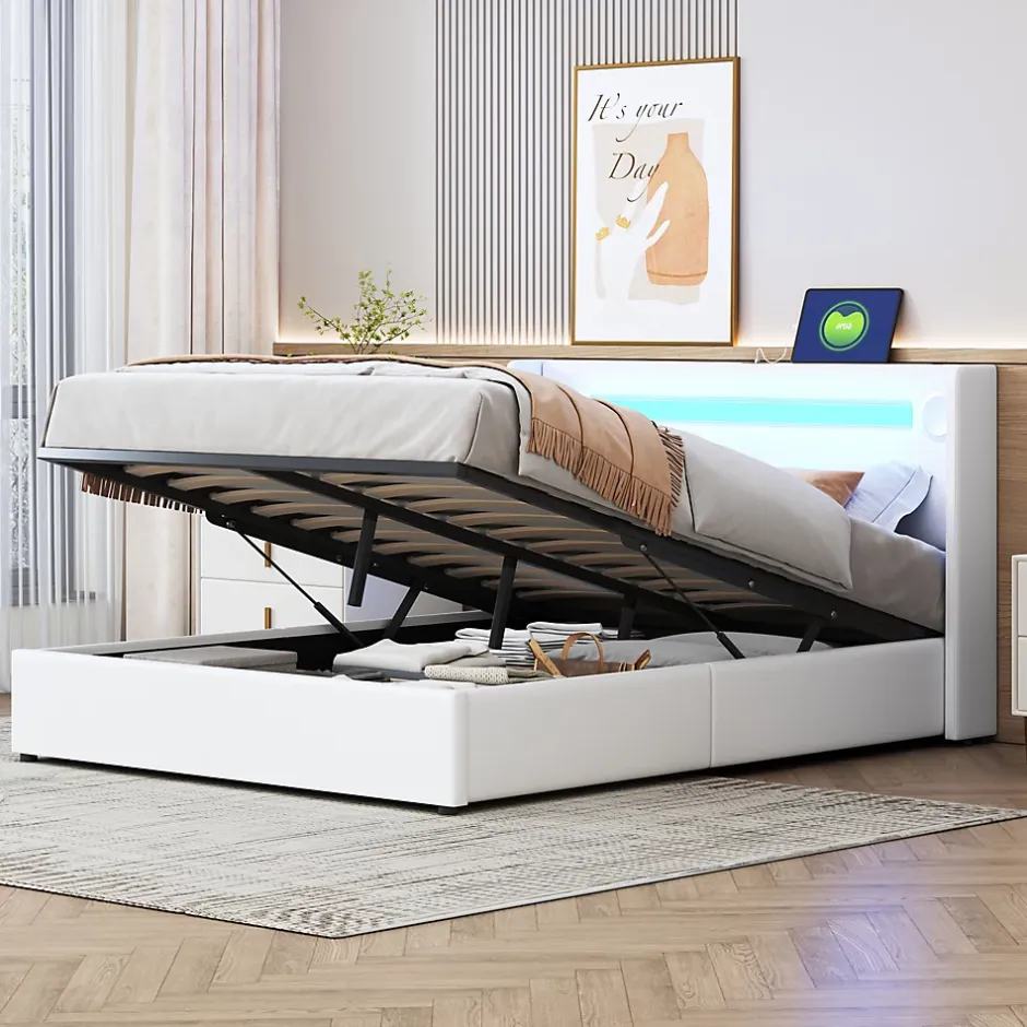 Redom Lit rembourré 140 sur 200 avec éclairage LED lecteur Bluetooth port USB rangement en cuir PU sommier inclus pour chambre Hot