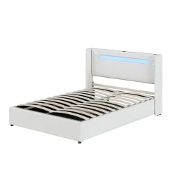 Redom Lit rembourré 140 sur 200 avec éclairage LED lecteur Bluetooth port USB rangement en cuir PU sommier inclus pour chambre Hot