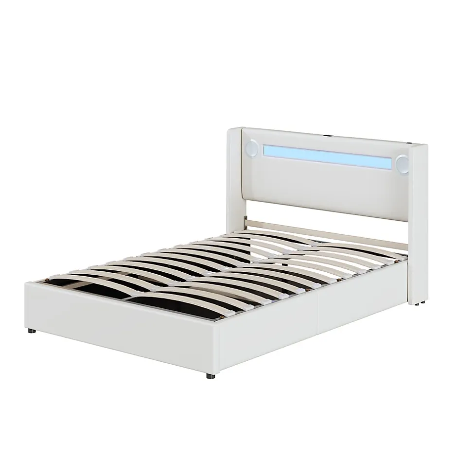 Redom Lit rembourré 140 sur 200 avec éclairage LED lecteur Bluetooth port USB rangement en cuir PU sommier inclus pour chambre Hot