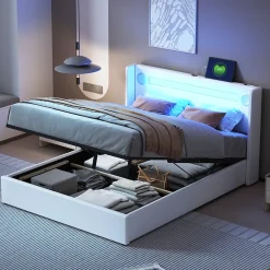 Redom Lit rembourré 140 sur 200 avec éclairage LED lecteur Bluetooth port USB rangement en cuir PU sommier inclus pour chambre Hot