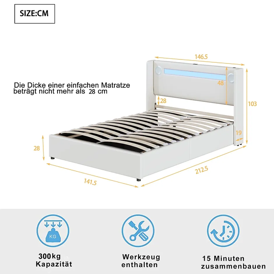 Redom Lit rembourré 140 sur 200 avec éclairage LED lecteur Bluetooth port USB rangement en cuir PU sommier inclus pour chambre Hot