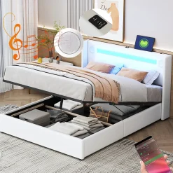 Redom Lit rembourré 140 sur 200 avec éclairage LED lecteur Bluetooth port USB rangement en cuir PU sommier inclus pour chambre Hot