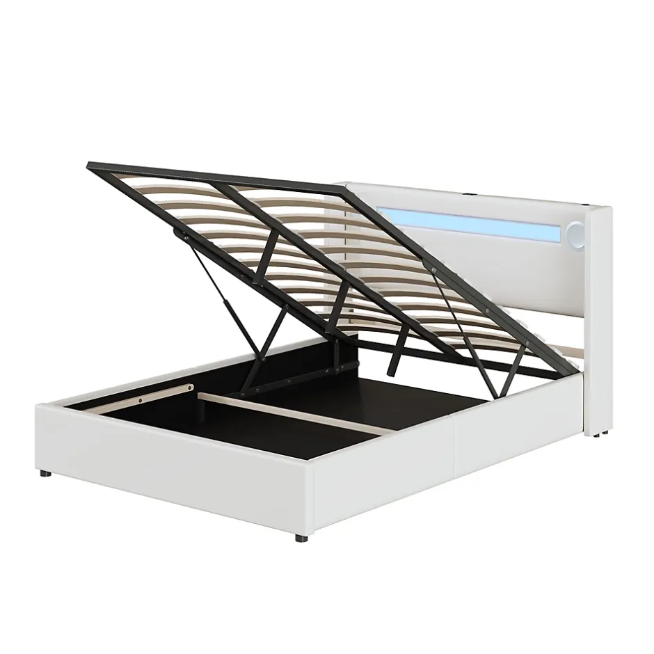 Redom Lit rembourré 140 sur 200 avec éclairage LED lecteur Bluetooth port USB rangement en cuir PU sommier inclus pour chambre Hot