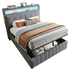 Redom Lit rembourré 140 sur 200 avec LED port USB tête rangement coffre hydraulique avec étagères tissu lin gris