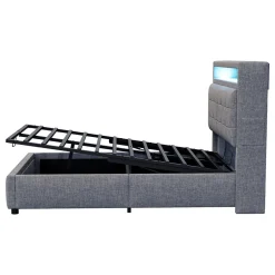 Redom Lit rembourré 140 sur 200 avec LED port USB tête rangement coffre hydraulique avec étagères tissu lin gris