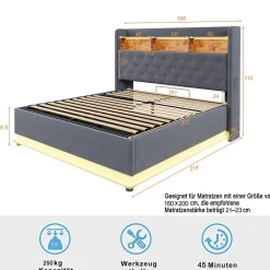 Redom Lit rembourré 160 sur 200 avec rangement hydraulique éclairage LED port USB tissu lin gris moderne Best