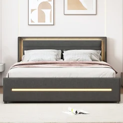 Redom Lit rembourré 160 sur 200 cm avec éclairage LED multicolore et quatre étagères en tissu gris sans matelas Hot