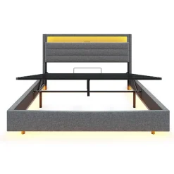 Redom Lit rembourré 140 sur 200 cm cadre flottant hydraulique rangement éclairage LED port USB tête pivotante lin gris