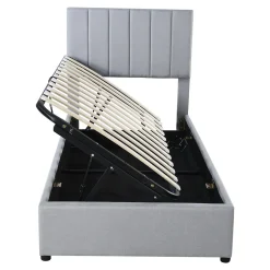 Redom Lit rembourré 90 sur 200 cm coffre à rangement hydraulique tête de lit réglable tissu lin gris adultes ou adolescents