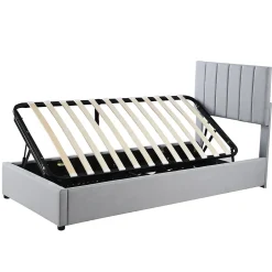 Redom Lit rembourré 90 sur 200 cm coffre à rangement hydraulique tête de lit réglable tissu lin gris adultes ou adolescents