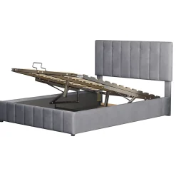 Redom Lit rembourré 140 sur 200 cm coffre hydraulique tête de lit réglable sommier métal velours gris pour adultes ou invités New