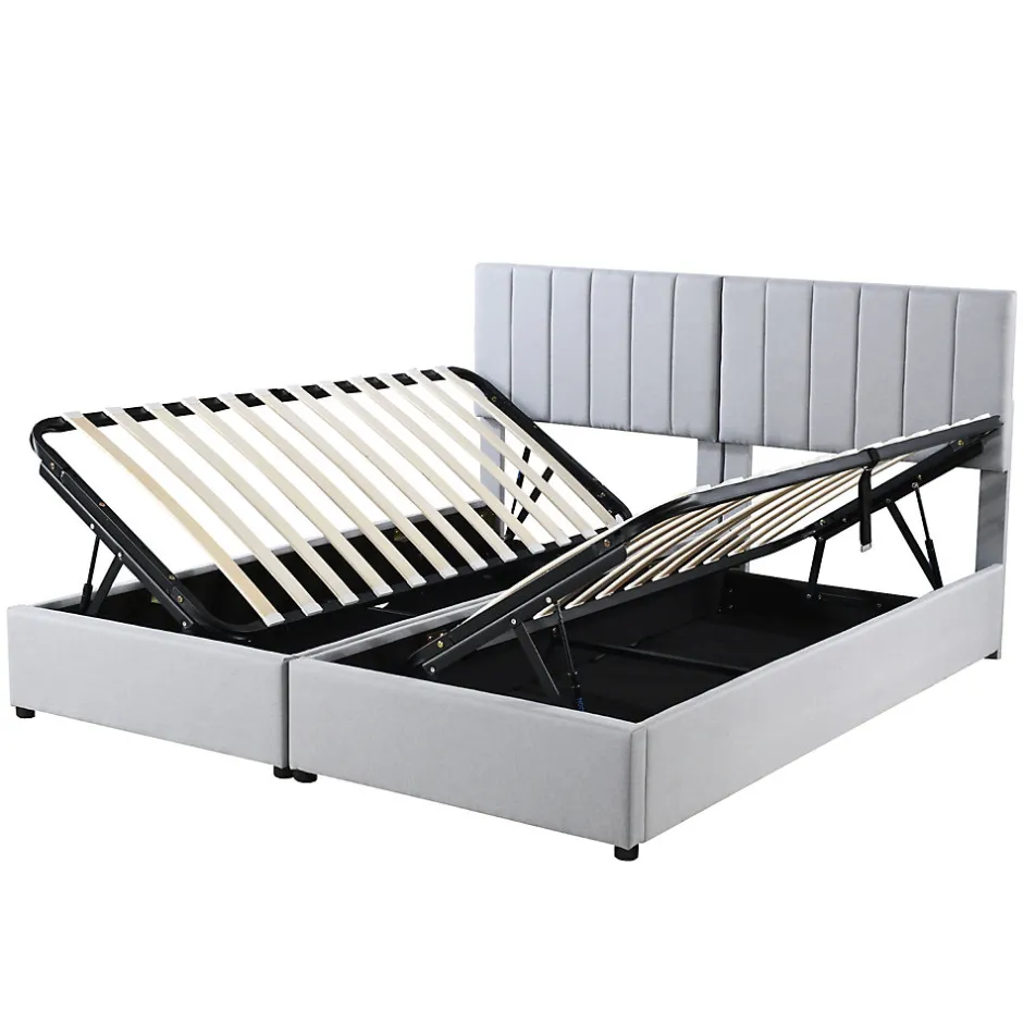 Redom Lit rembourré 180 sur 200 cm coffre hydraulique tissu lin gris lit double multifonction adulte ou invité