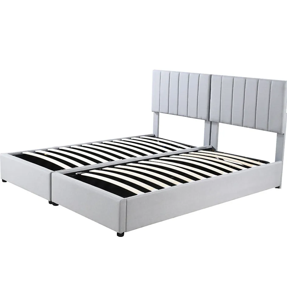 Redom Lit rembourré 180 sur 200 cm coffre hydraulique tissu lin gris lit double multifonction adulte ou invité