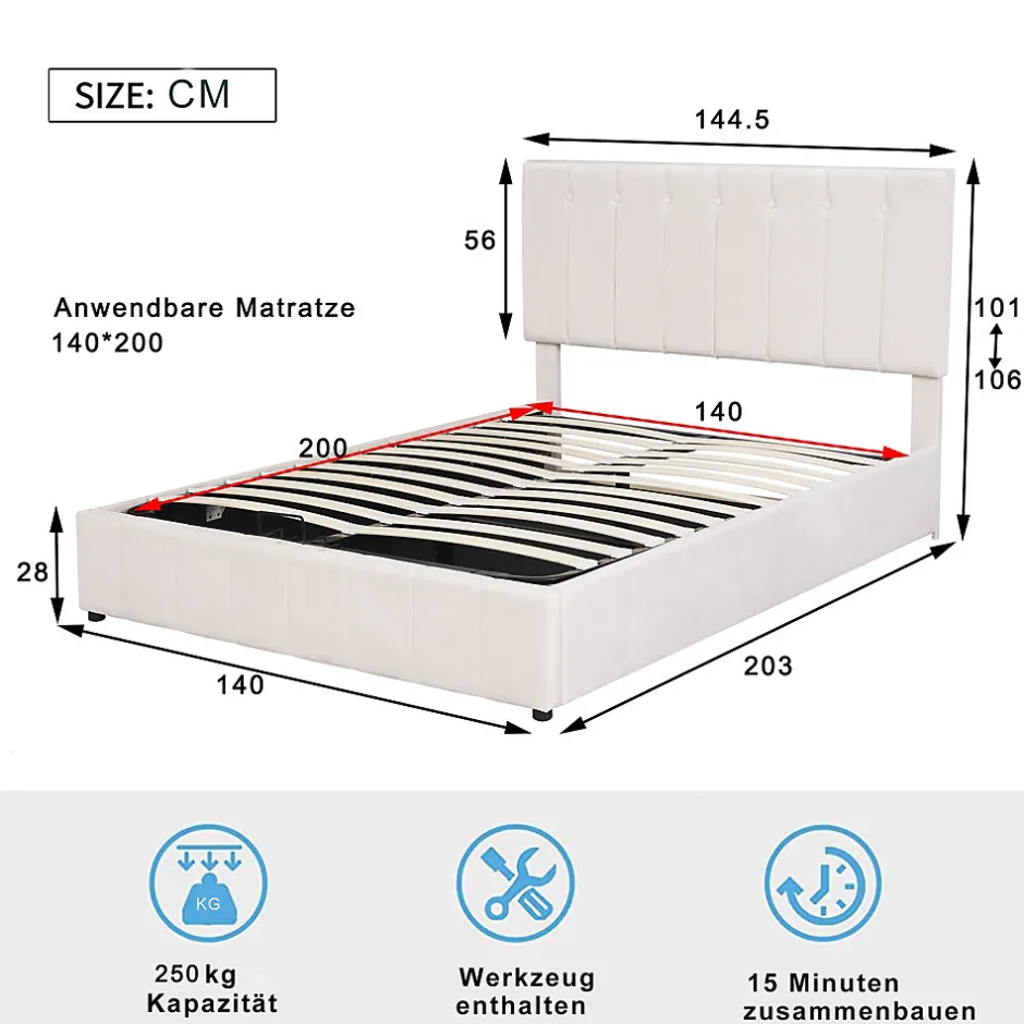Redom Lit rembourré 140 sur 200 cm coffre hydraulique tête de lit réglable sommier métal velours crème pour adultes ou invités