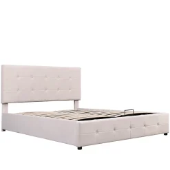 Redom Lit rembourré 140 sur 200 cm coffre hydraulique tête de lit réglable sommier métal velours doux crème pour adultes ou invités