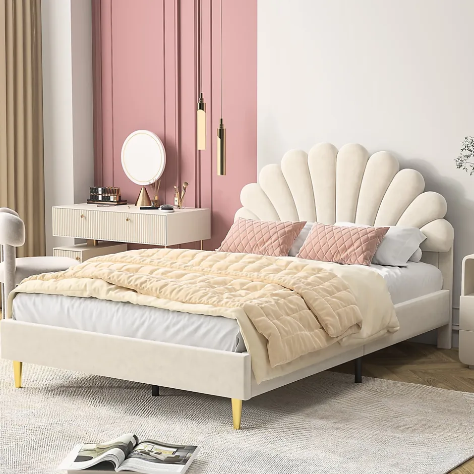 Fortuna lai Lit Rembourré 140 X 200 Cm, Lit Double Avec Tête De Lit à Pétales Et Sommier à Lattes, Velours,beige
