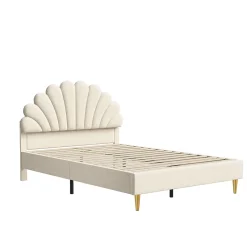 Fortuna lai Lit Rembourré 140 X 200 Cm, Lit Double Avec Tête De Lit à Pétales Et Sommier à Lattes, Velours,beige