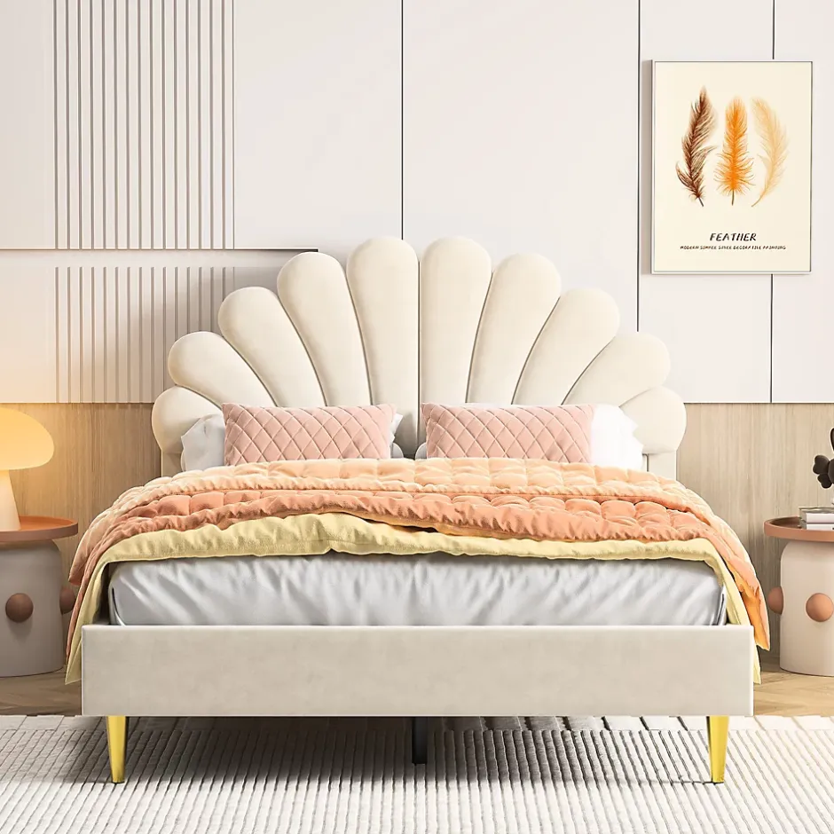 Fortuna lai Lit Rembourré 140 X 200 Cm, Lit Double Avec Tête De Lit à Pétales Et Sommier à Lattes, Velours,beige