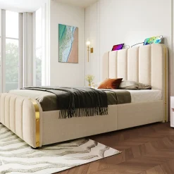 Gutent Lit rembourré 90 x 200 cm, lit simple avec 4 tiroirs, tête de lit avec fonction de recharge USB Type-C, lin, beige, sans matelas