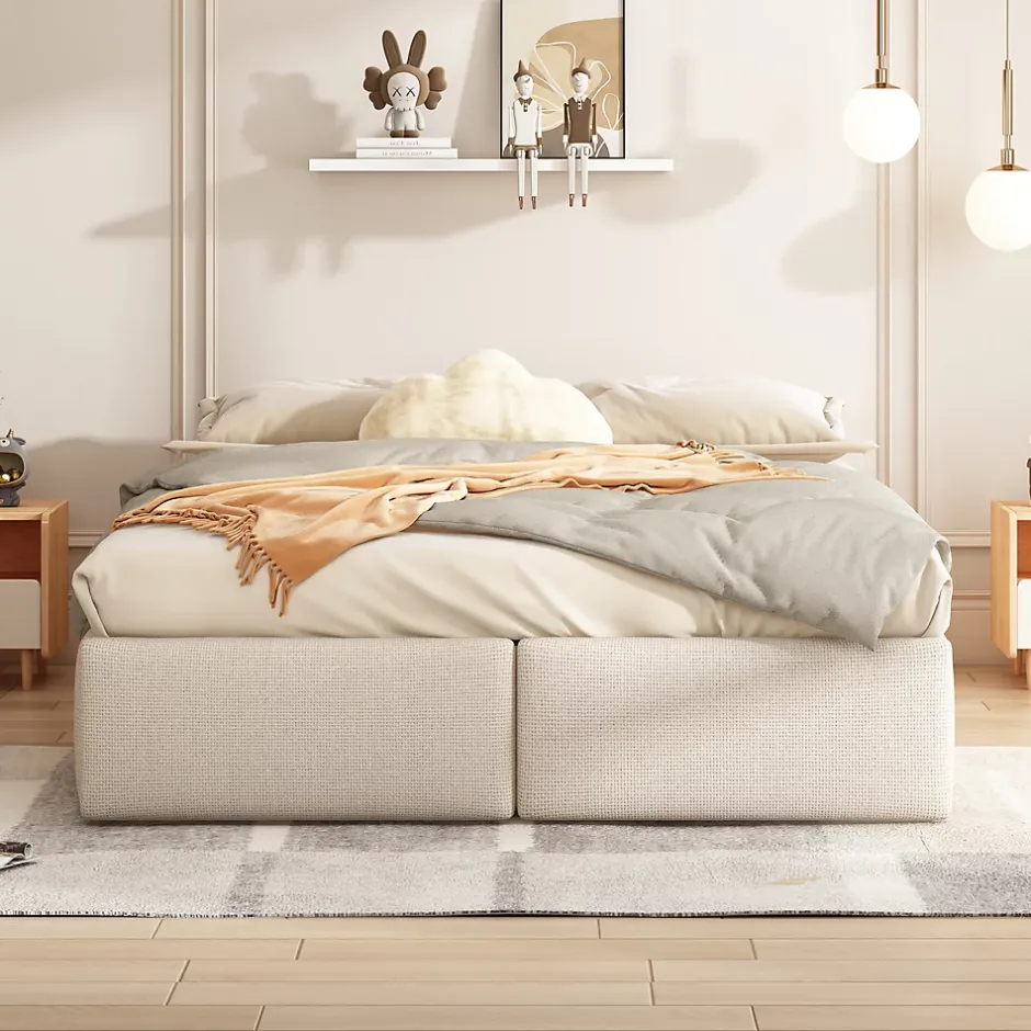 Generique Lit rembourré coffre 140x200 cm avec 2 tiroirs, lit adulte avec sommier à lattes, sans tête de lit, tissu en lin, beige