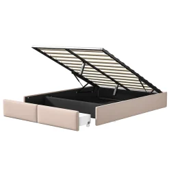 Generique Lit rembourré coffre 140x200 cm avec 2 tiroirs, lit adulte avec sommier à lattes, sans tête de lit, tissu en lin, beige