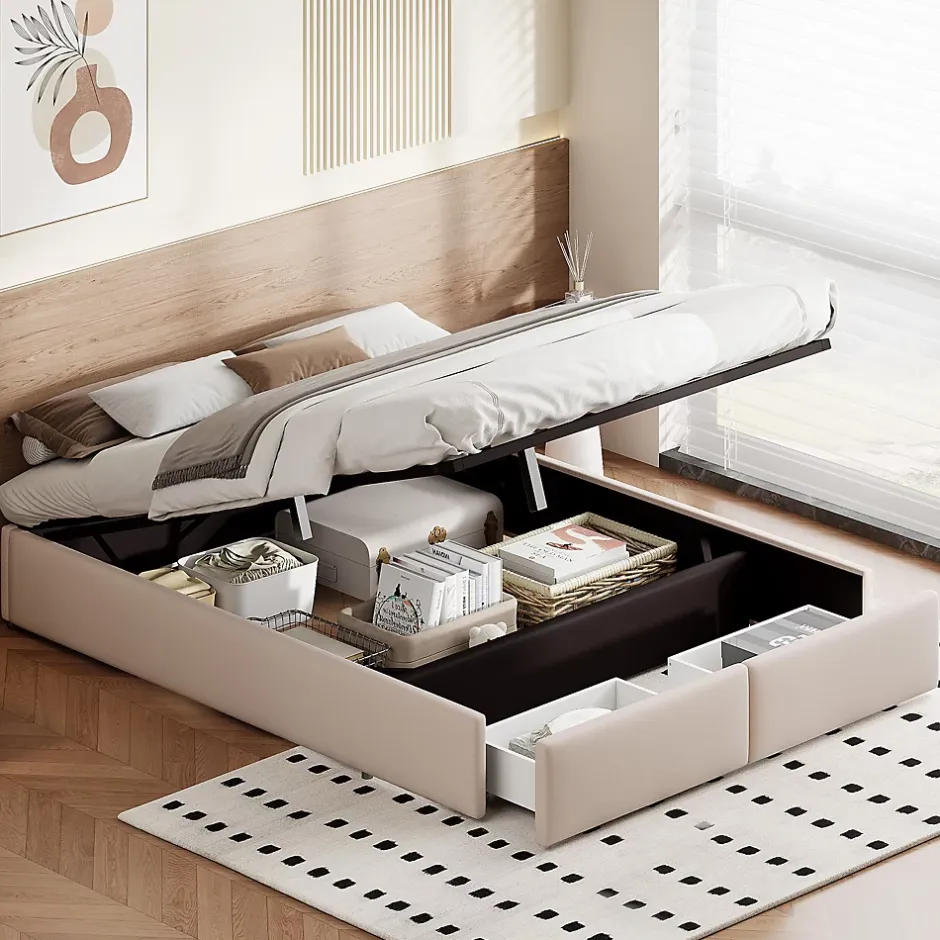Generique Lit rembourré coffre 140x200 cm avec 2 tiroirs, lit adulte avec sommier à lattes, sans tête de lit, tissu en lin, beige